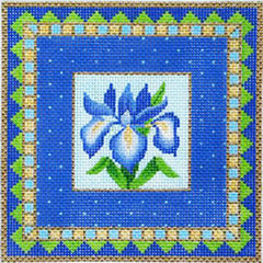 Amanda Lawford square needlepoint canvas of blue iris flowers with a geometric border