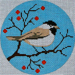 DC designs round needlepoint canvas of a chickadee bird on a winter branch with berries