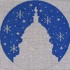 DC designs winter round needlepoint canvas of the silhouette of the Capitol building in Washington DC with snow in the background