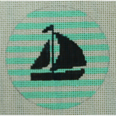 KKNTO10 Sailboat on Stripe - Navy and Seafoam 3" Round