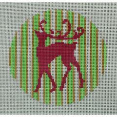 KKO119 Pink Reindeer on Green and Gold Stripe 3.75" round