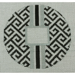 KKO169A Greek Key Monogram Box - Black with Silver stripe 4.125" round
