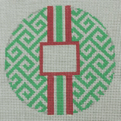 KKO169B Greek Key Monogram Box - Kelly Green with Pink stripe 4.125" round