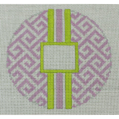 KKO169D Greek Key Monogram Box - Lavender with Lime Green stripe 4.125" round