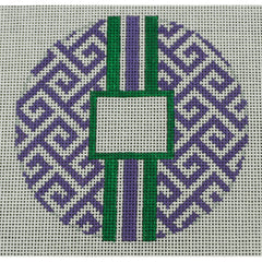 KKO169N Greek Key Monogram Box - Purple with Dark Green Stripe 4.125" round