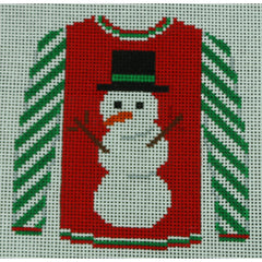 KKO199T Snowman on Red with Green Striped Sleeves 3.625 x 3.75