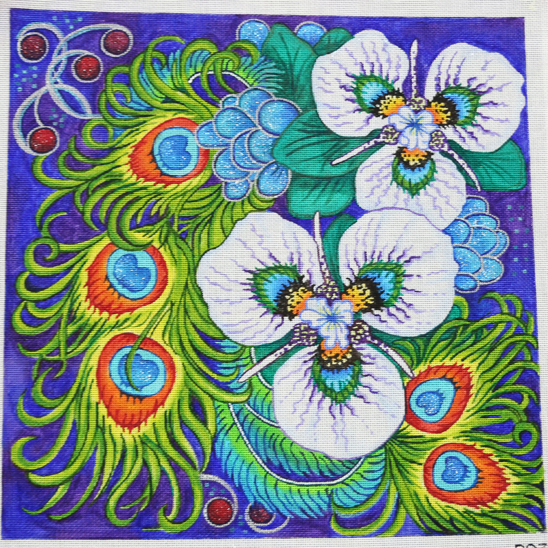 R932 White flowers w/ peacock feathers