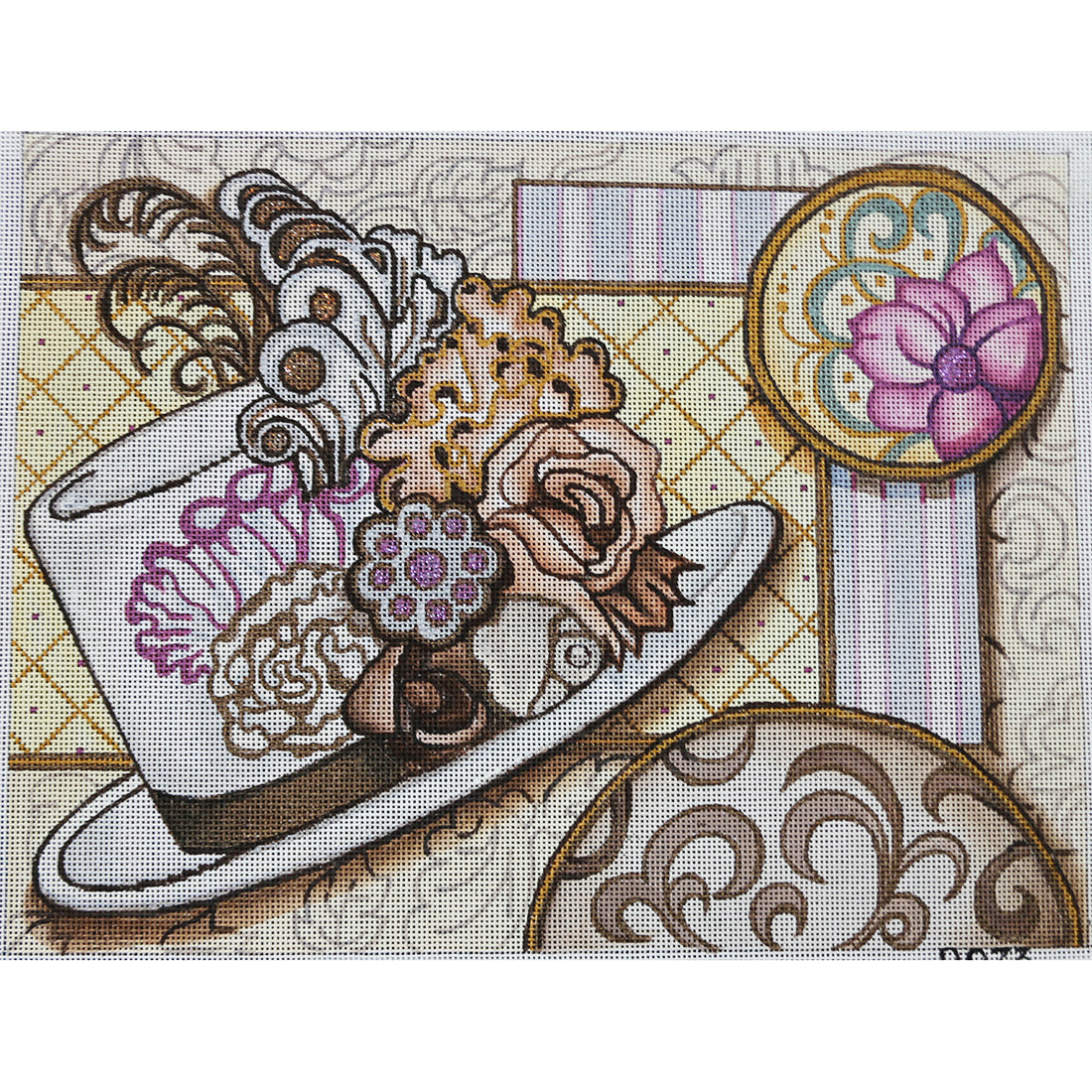 R973 White Top hat w/ feathers on a yellow background