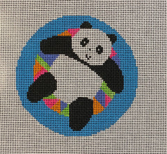 Vallerie Needlepoint Gallery round whimsical needlepoint canvas of a panda on a bright and vibrant floatie inner tube