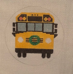 Vallerie Needlepoint Gallery round Christmas ornament needlepoint canvas of a school bus with a wreath on the front