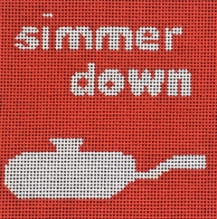 Vallerie Needlepoint Gallery square needlepoint canvas of a sauce pan with lid with the pun phrase "simmer down" designed to be a coaster - the perfect punny gift!