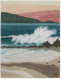 Amanda Lawford needlepoint canvas of a beach scene with waves crashing in a simplified and streamlined style