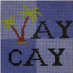 Vallerie Needlepoint Gallery fun and tropical needlepoint canvas of the word "vaycay" with palm trees sized as a coaster - perfect for vacations
