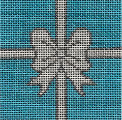 Vallerie Needlepoint Gallery square needlepoint canvas of a white and silver bow on the iconic jewelry turquoise background sized for self-finishing boxes (insert)