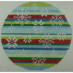 KKO264A snowflakes on blue green red stripes ornament 4" round