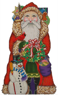 Amanda Lawford traditional Christmas Santa needlepoint canvas standup with a red fur-trimmed coat and a snowman holding a holly wreath and a cardinal with a sack of toys and a teddy bear