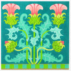Amanda Lawford bright needlepoint canvas of thistle plants and flowers