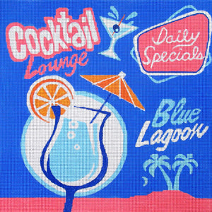 Amanda Lawford retro cocktail lounge sign needlepoint canvas with tropical drink