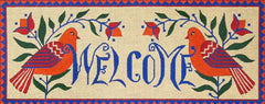 Amanda Lawford needlepoint canvas welcome sign with two bright birds in orange and purple with stylized flowers