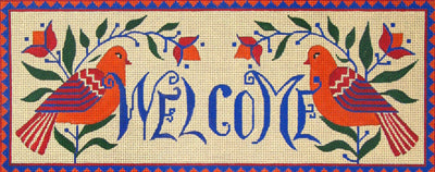 Amanda Lawford needlepoint canvas welcome sign with two bright birds in orange and purple with stylized flowers