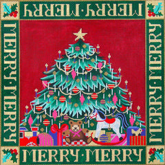 Amanda Lawford Christmas needlepoint canvas of a tree with presents, a teddy bear, and a rocking horse with a border of "merry merry" and holly leaves and berries