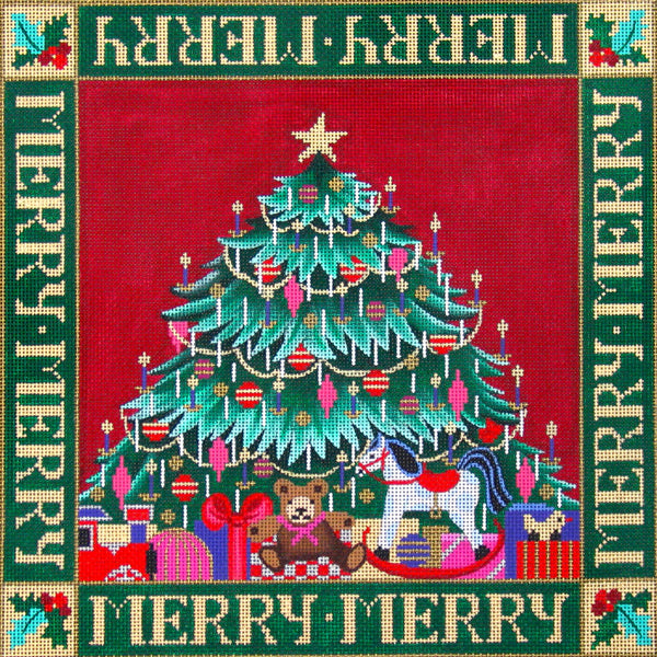 Amanda Lawford Christmas needlepoint canvas of a tree with presents, a teddy bear, and a rocking horse with a border of "merry merry" and holly leaves and berries