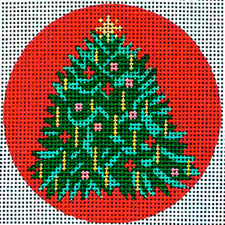 Amanda Lawford round Christmas ornament needlepoint canvas of a traditional Christmas tree with candles and a gold star topper on a red background