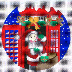 Vallerie Needlepoint Gallery round Christmas needlepoint canvas of Santa with his bag of toys entering an iconic London telephone booth in the snow