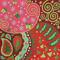 Amanda Lawford needlepoint canvas of geometric pattern filled with Christmas trees holly leaves and presents