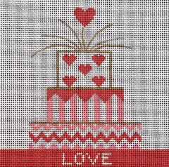 Vallerie Needlepoint Gallery needlepoint canvas of a three-tiered cake in pink white and red with a heart topper and the word love