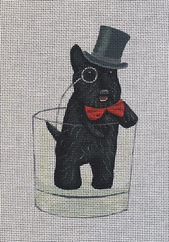 Fab Funky whimsical needlepoint canvas of a Scottie Scottish terrier dog wearing a top hat, bowtie, and monocle looking dapper in a Scotch whiskey glass