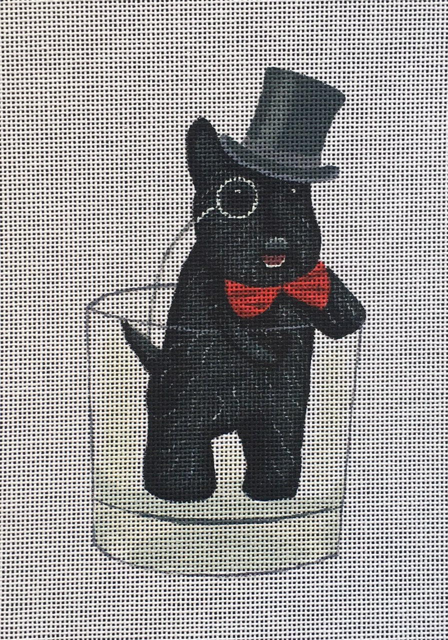 Fab Funky whimsical needlepoint canvas of a Scottie Scottish terrier dog wearing a top hat, bowtie, and monocle looking dapper in a Scotch whiskey glass