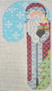 CH-1401 Father Christmas Candy Cane- Buffalo Plaid holding Present
