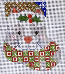 CH-703 Grey Cat with Holly Mini Stocking