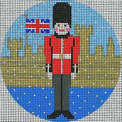 DC designs winter round needlepoint canvas of Buckingham Palace with a Queen's guard and the union jack flag