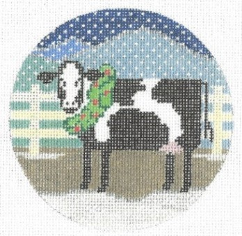 Doolittle Stitchery R323 X-mas Cow w/ Wreath Round