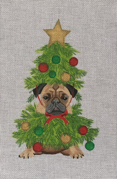 whimsical needlepoint canvas of a pug wearing a Christmas tree costume