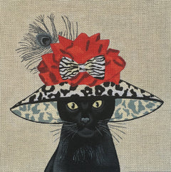 Fab Funky whimsical needlepoint canvas of a black cat wearing a large leopard print hat with a bow and a peacock feather