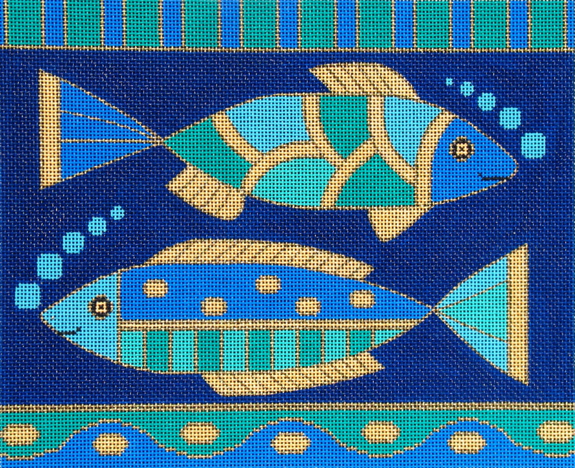 Amanda Lawford bright and vibrant needlepoint canvas of two fish with geometric patterned bodies and vibrant wave and striped trim
