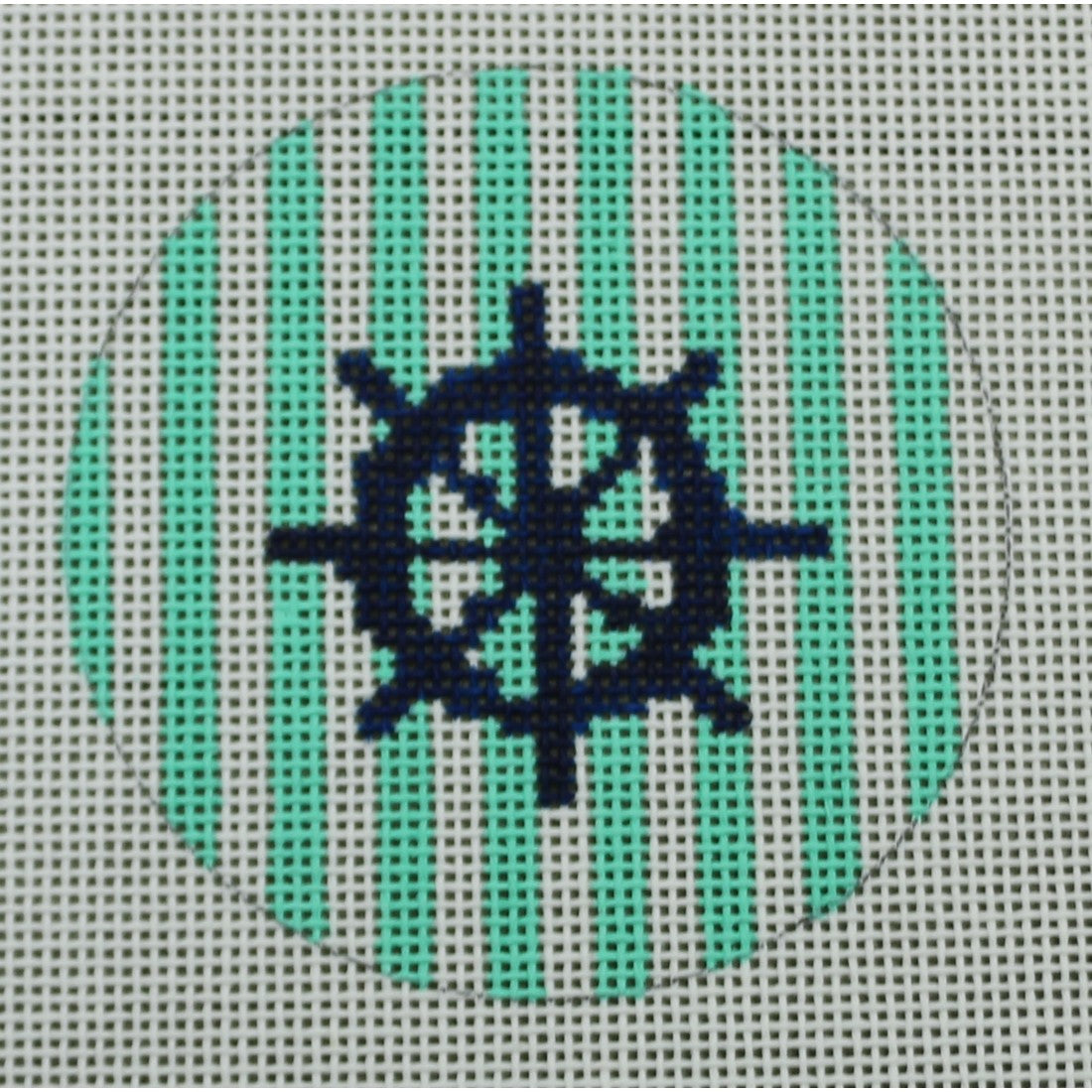 KKNTO13 Ship Wheel on Stripe - Navy and Seafoam 3" Round