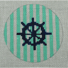 KKNTO13 Ship Wheel on Stripe - Navy and Seafoam 3" Round