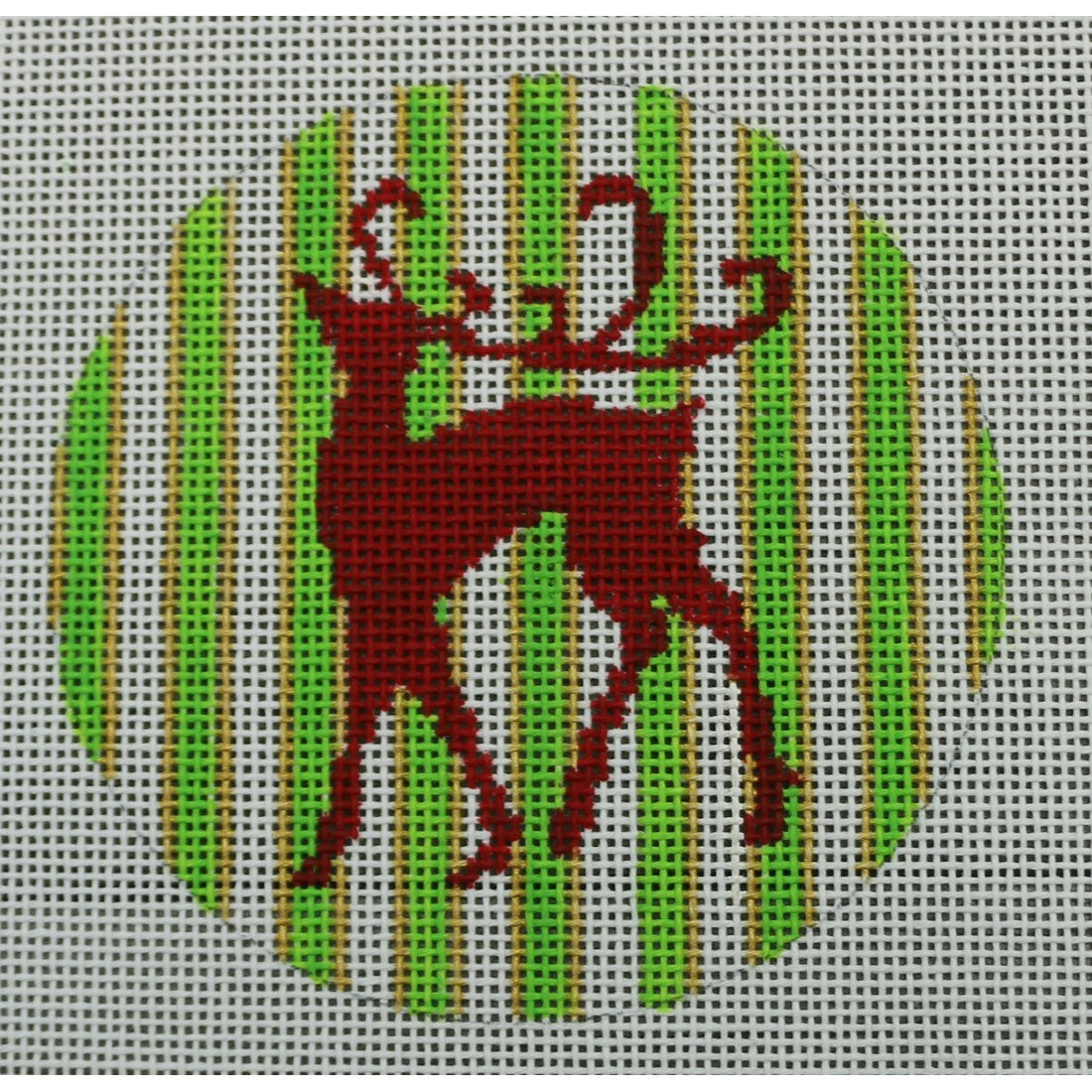 KKO116 Red Reindeer on Green, Gold, White Stripe 3.75" round