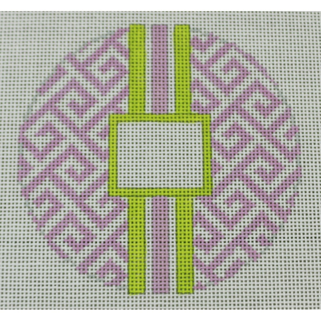 KKO169D Greek Key Monogram Box - Lavender with Lime Green stripe 4.125" round