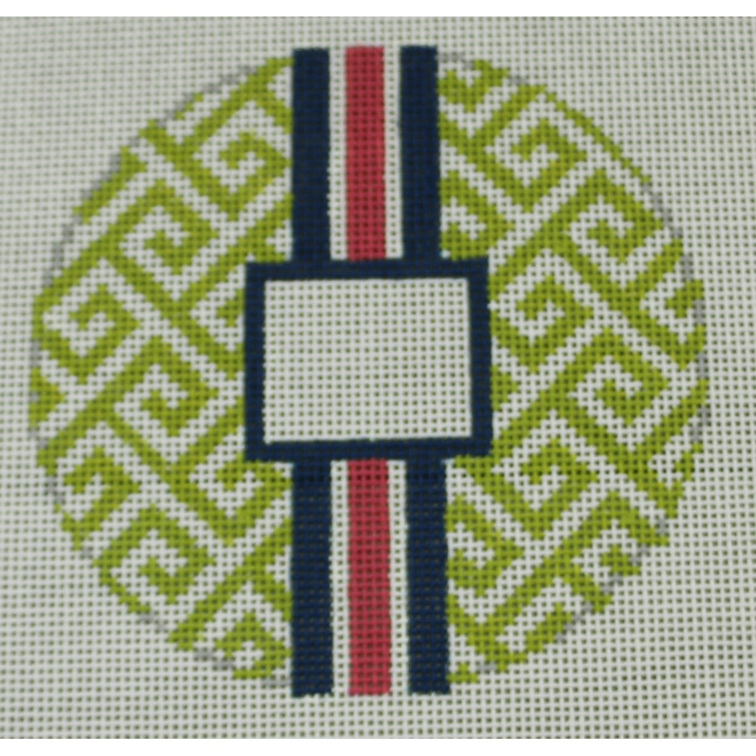 KKO169E Greek Key Monogram Box - Lime Green with Navy and Pink stripe 4.125" round