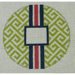 KKO169E Greek Key Monogram Box - Lime Green with Navy and Pink stripe 4.125" round