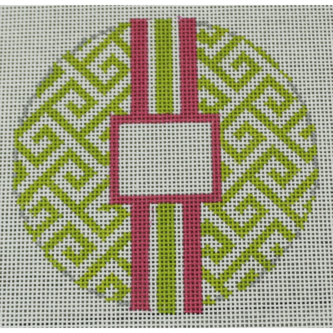KKO169F Greek Key Monogram Box- Lime Green with Pink stripe 4.125" round