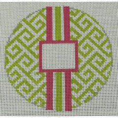 KKO169F Greek Key Monogram Box- Lime Green with Pink stripe 4.125" round