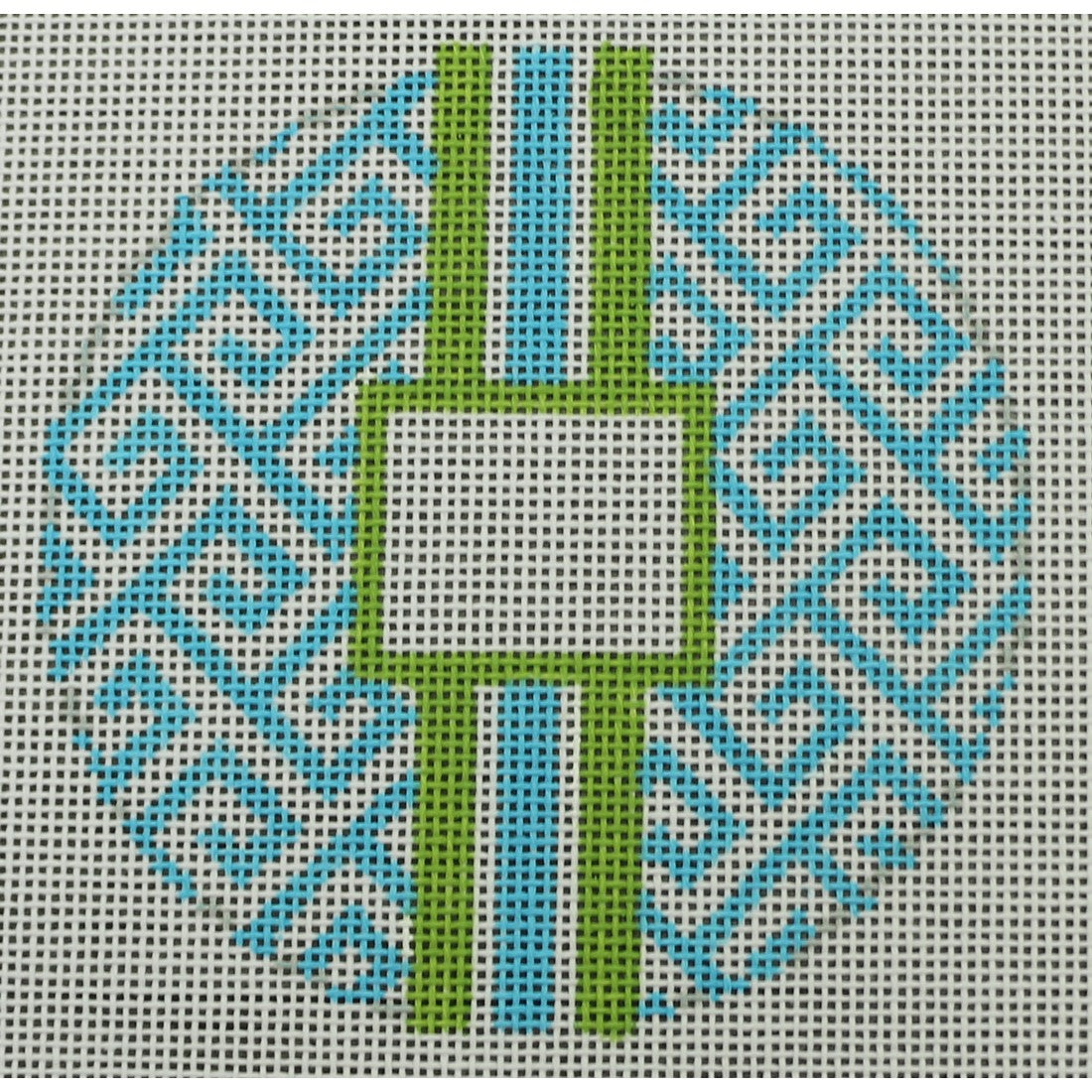 KKO169M Greek Key Monogram Box - Turquoise with Lime Green stripe 4.125" round