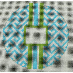 KKO169M Greek Key Monogram Box - Turquoise with Lime Green stripe 4.125" round