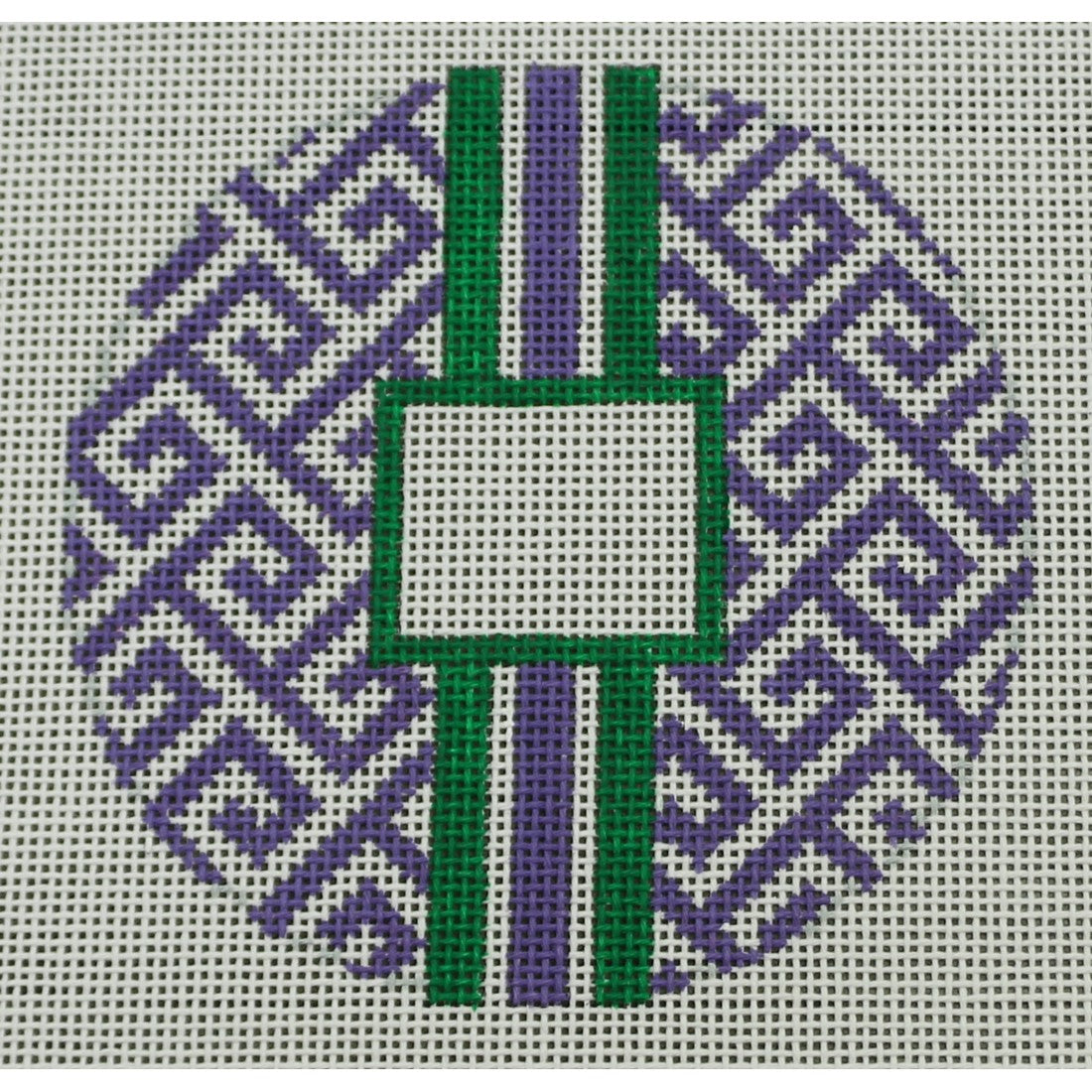 KKO169N Greek Key Monogram Box - Purple with Dark Green Stripe 4.125" round